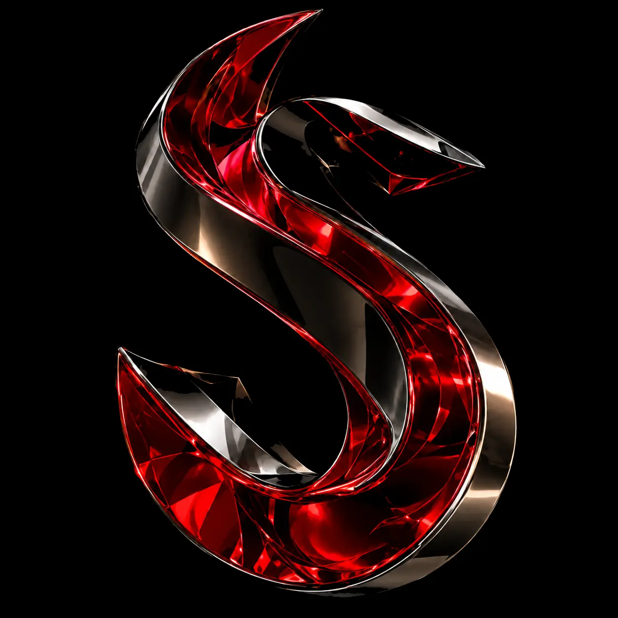 Símbolo S da Scaglia Studio em rubi vermelho e metal polido